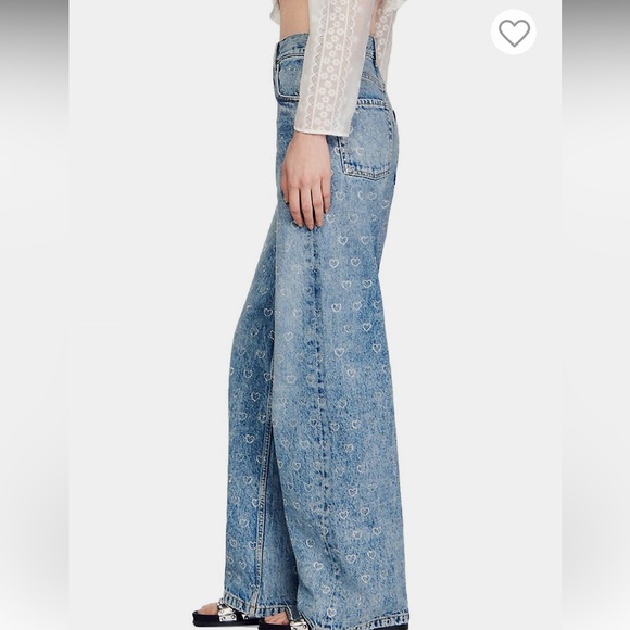 NWT Sandro Cupidon Crystal Heart Embellished Wide-Leg Jeans - Picture 6 of 15